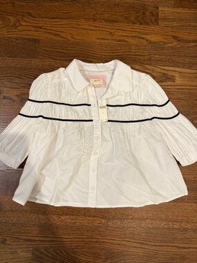 Maeve White Button-Front Blouse with Black Stripes